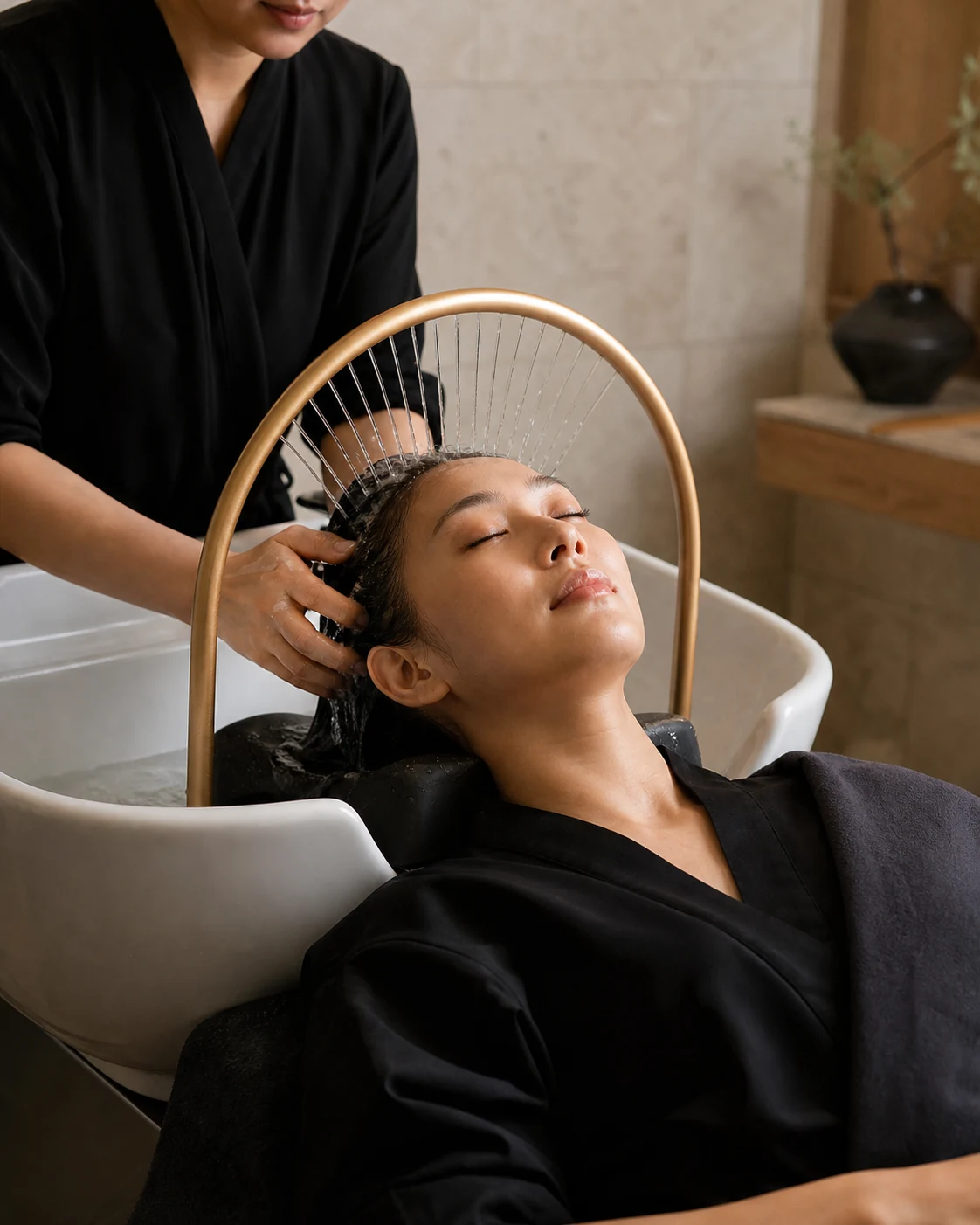 Guest relaxing beneath a gentle water halo during a head spa treatment
